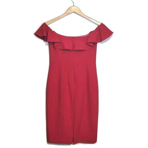 Jay Godfrey Off Shoulder Ruffle Red Midi Sheath Dress Size 4 Cocktail Formal - Picture 8 of 16